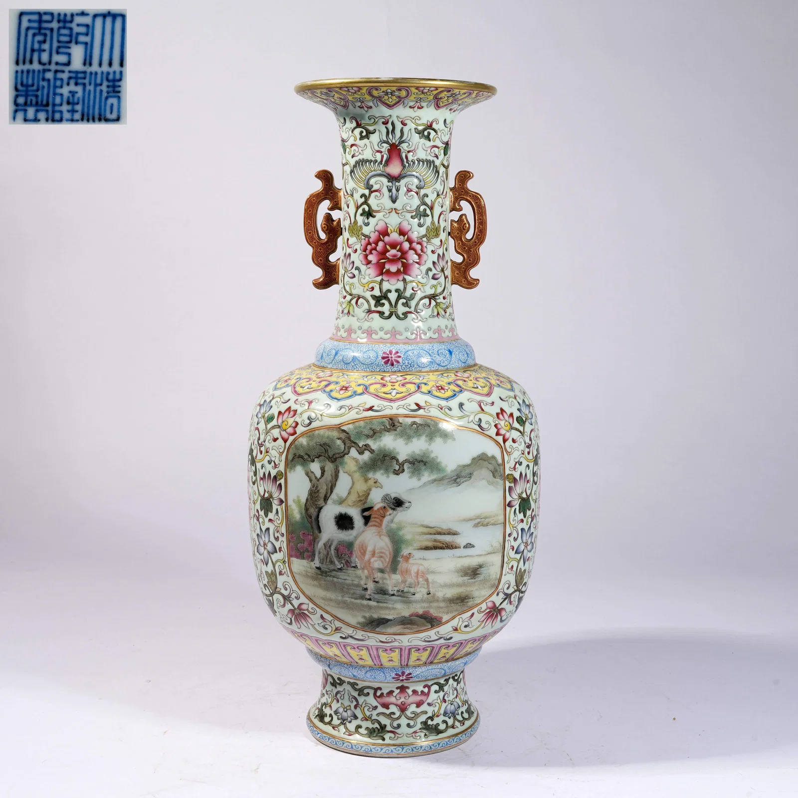 A TURQUOISE-GREEN GROUND OPEN-WINDOW FAMILLE ROSE DOUBLE-HANDLED VASE WITH "HORSE-RIDING MARSHAL"
