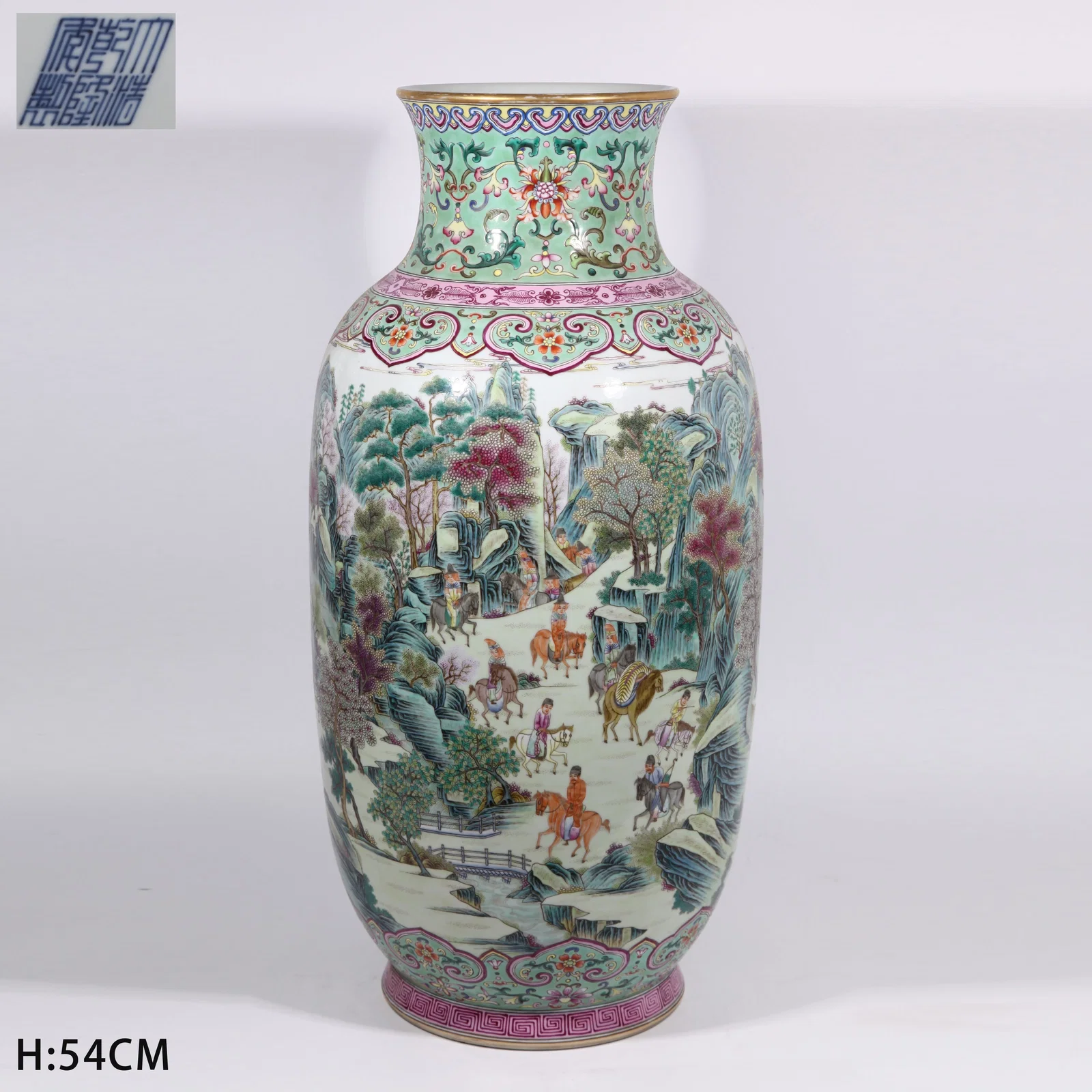 A TURQUOISE GREEN GROUND OPENWORK LANDSCAPE AND FIGURE STORY LARGE LANTERN VASE