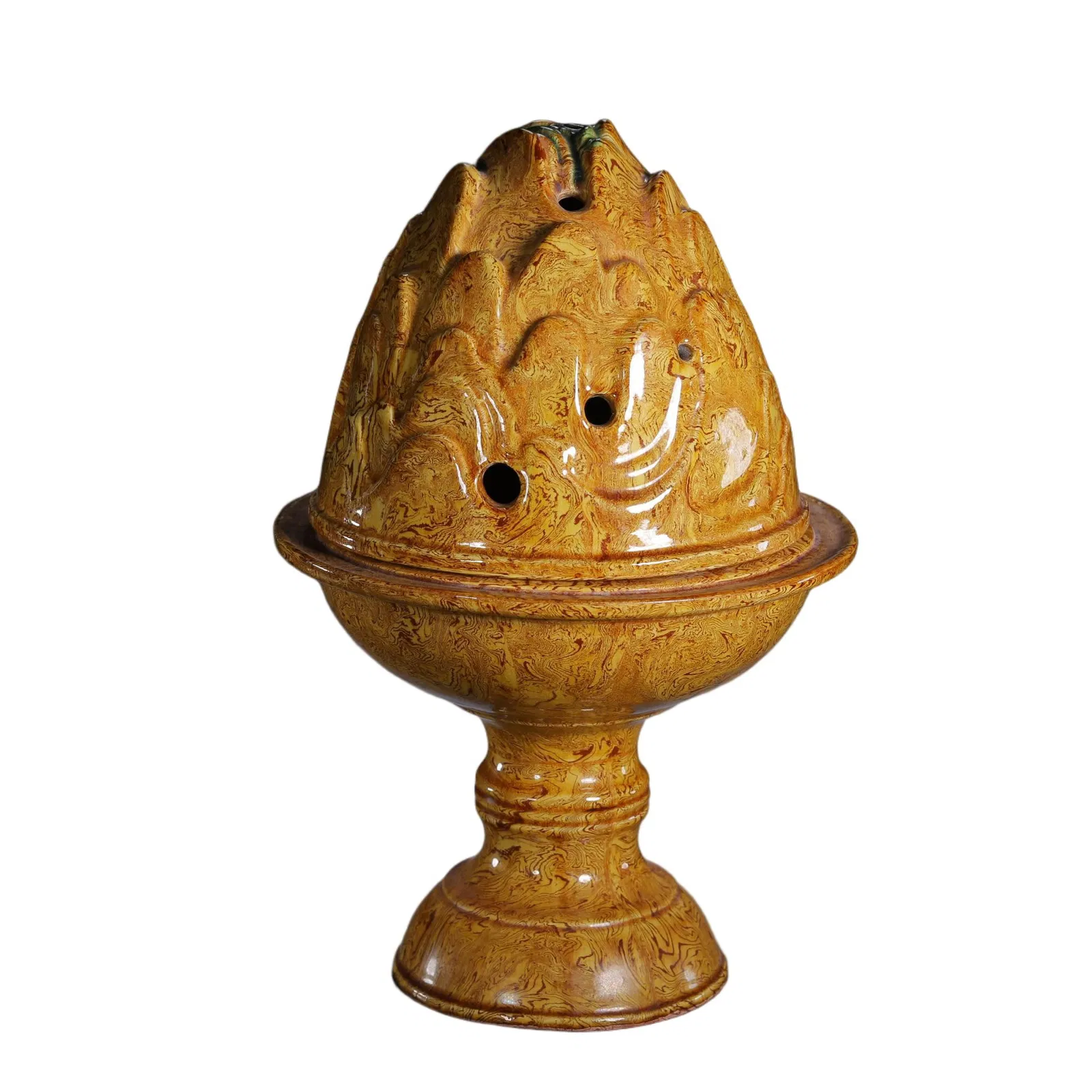 A TWIST GLAZE POTTERY MOUNT-SHAPE CENSER WITH COVER