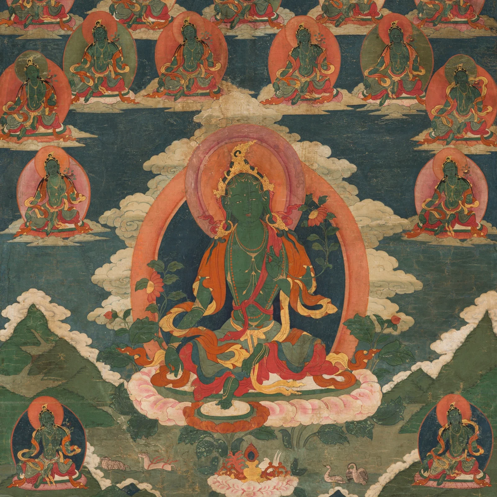 A VERY RARE 'TWENTY-ONE IMAGES OF GREEN TARA' THANGKA, TIBET, 17TH-18TH CENTURY, EX ULRICH VON