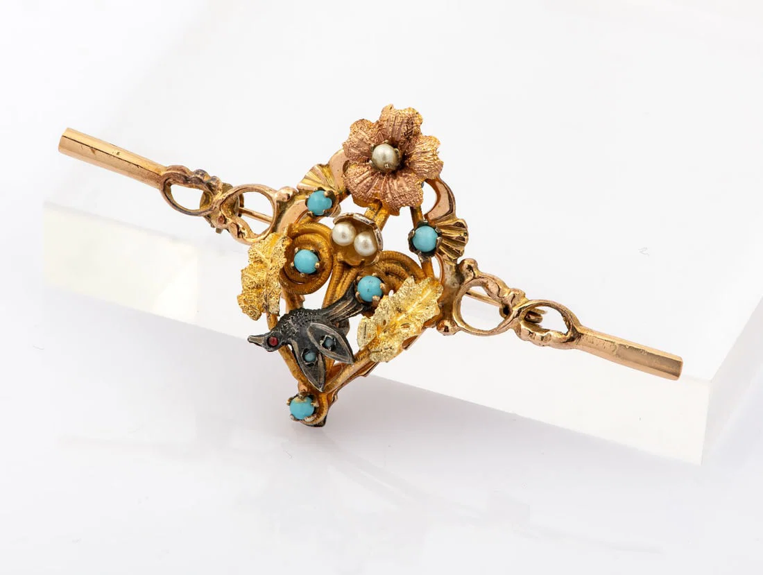 A Victorian 9K Gold Silver Turquoise and Pearl Brooch, 19th Century