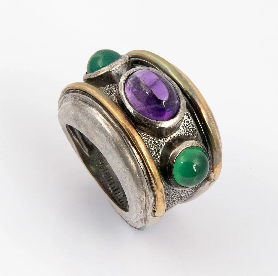A Vintage David Yurman 14K Gold Sterling Silver Amethyst and Chrysoprase Ring
