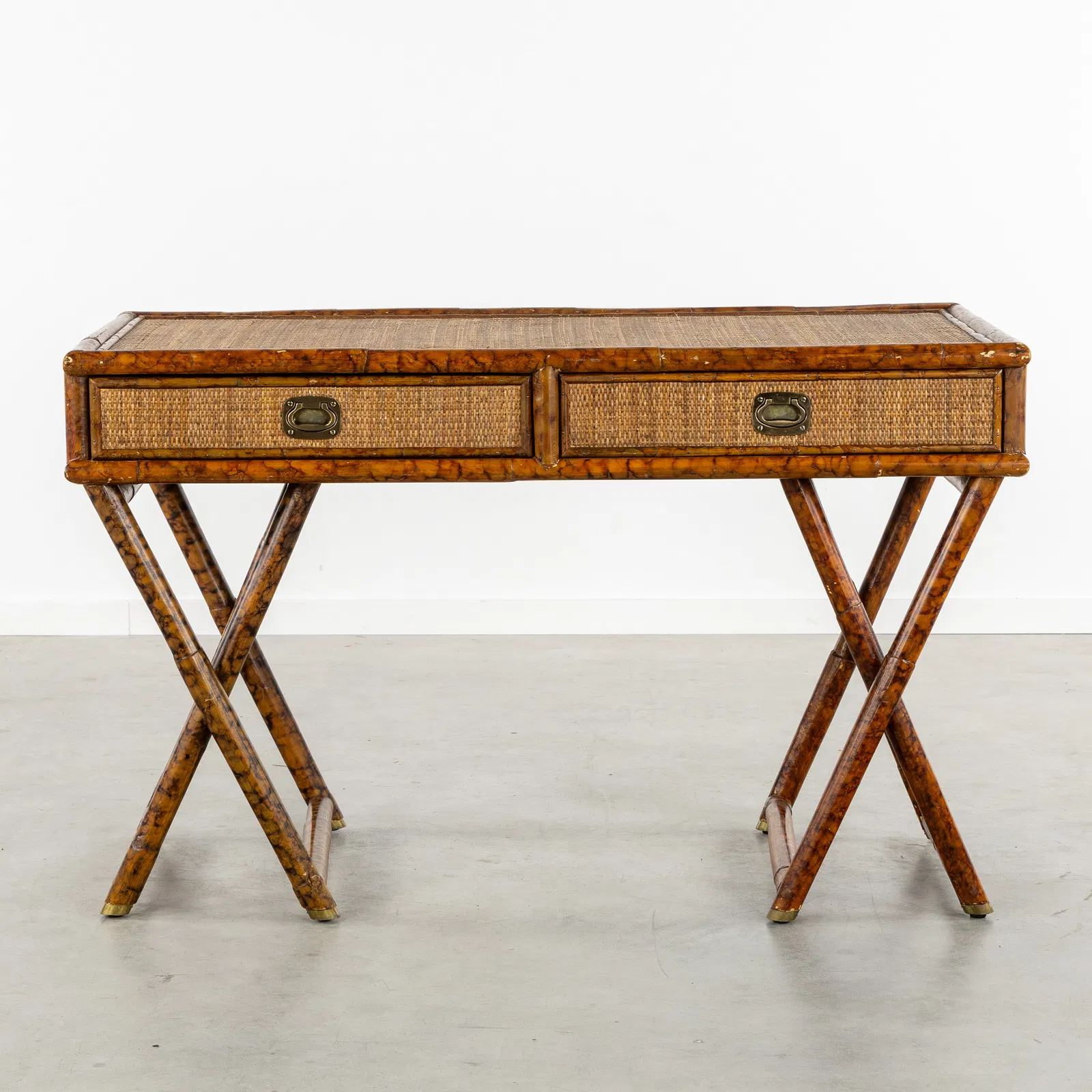 A Vintage trestle desk or campaign desk, Rattan and bamboo, in the style of Dal Vera, circa
