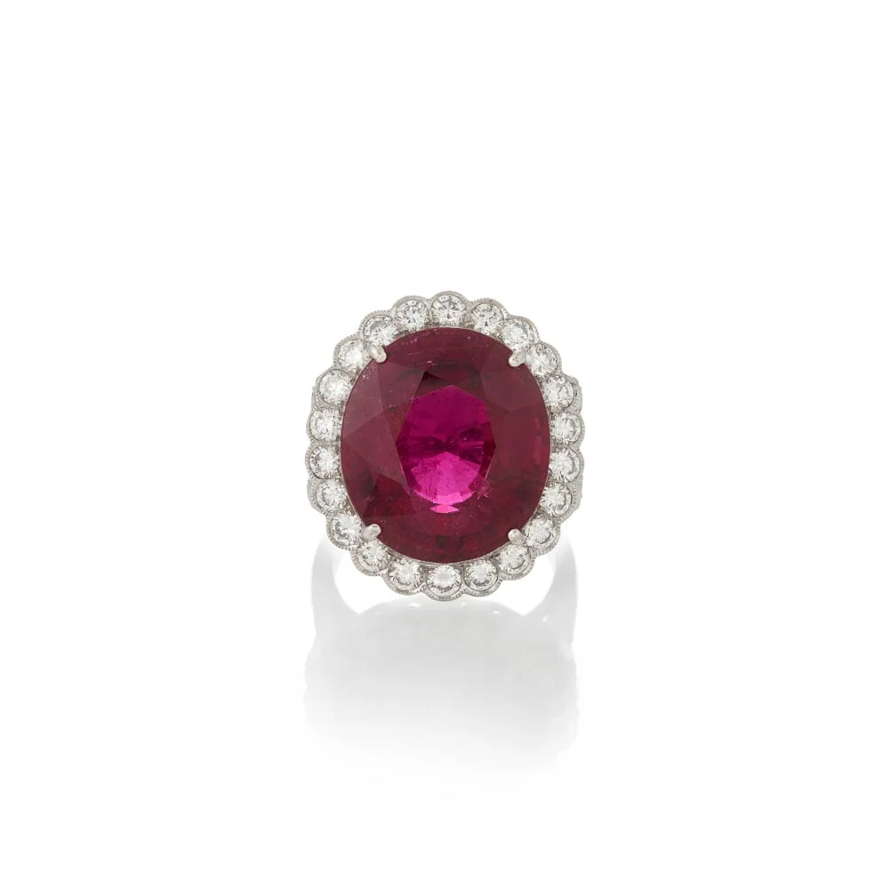 A WHITE GOLD, RUBELLITE, AND DIAMOND RING