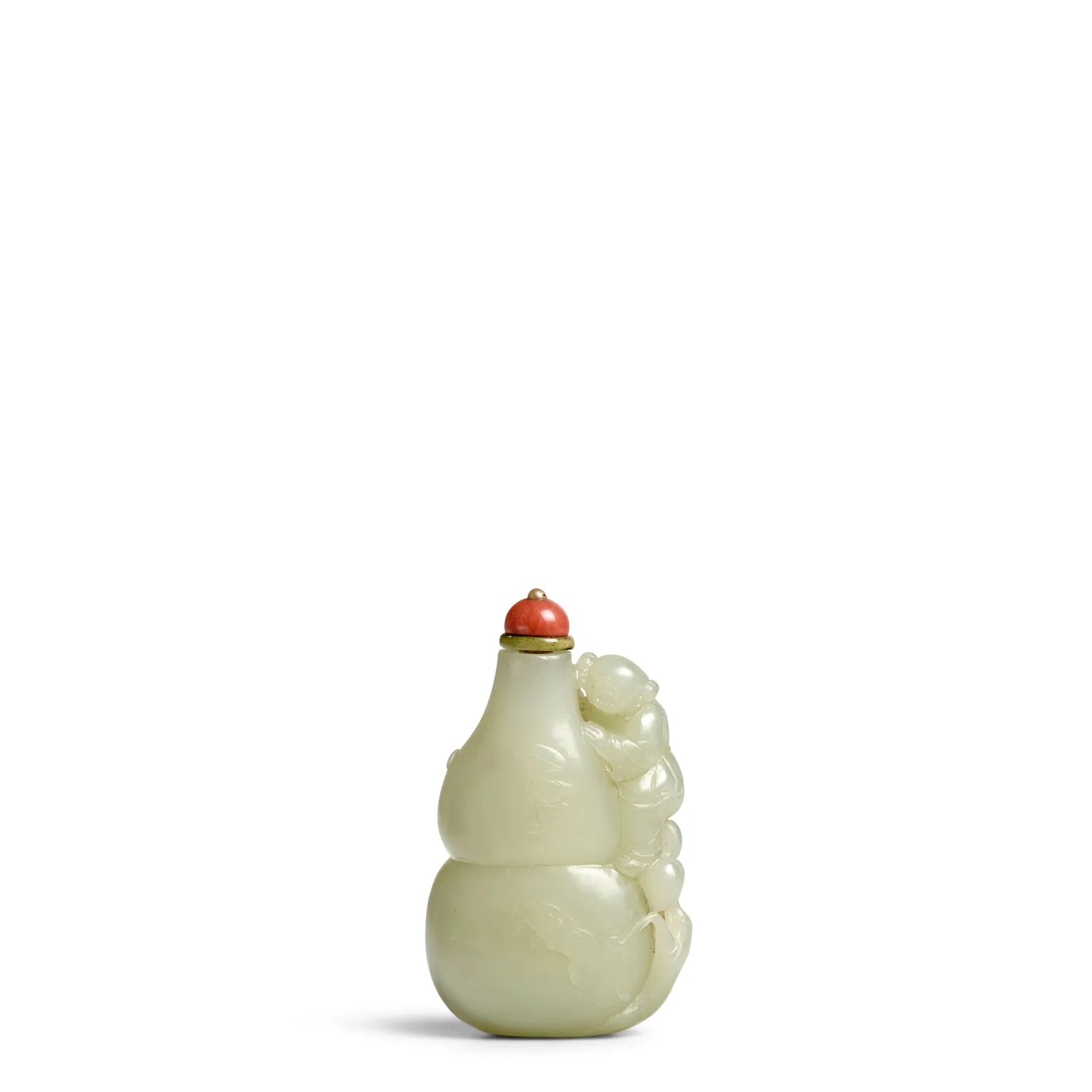 A WHITE JADE 'BOY ON A GOURD' SNUFF BOTTLE 1790-1880