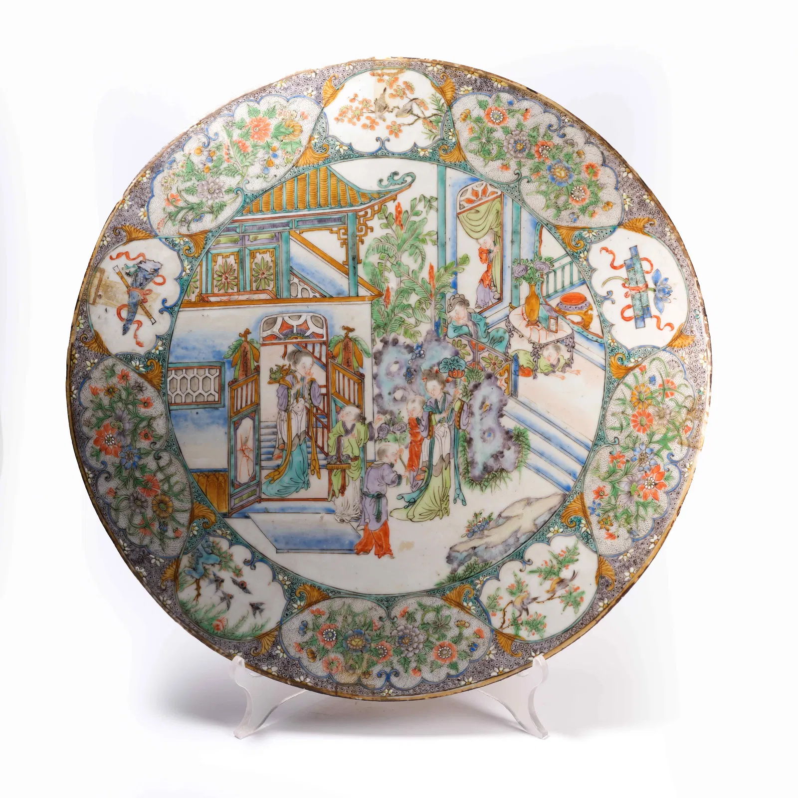 A WUCAI PORCELAIN PLAQUE WITH COURTYARD LADY SCENE