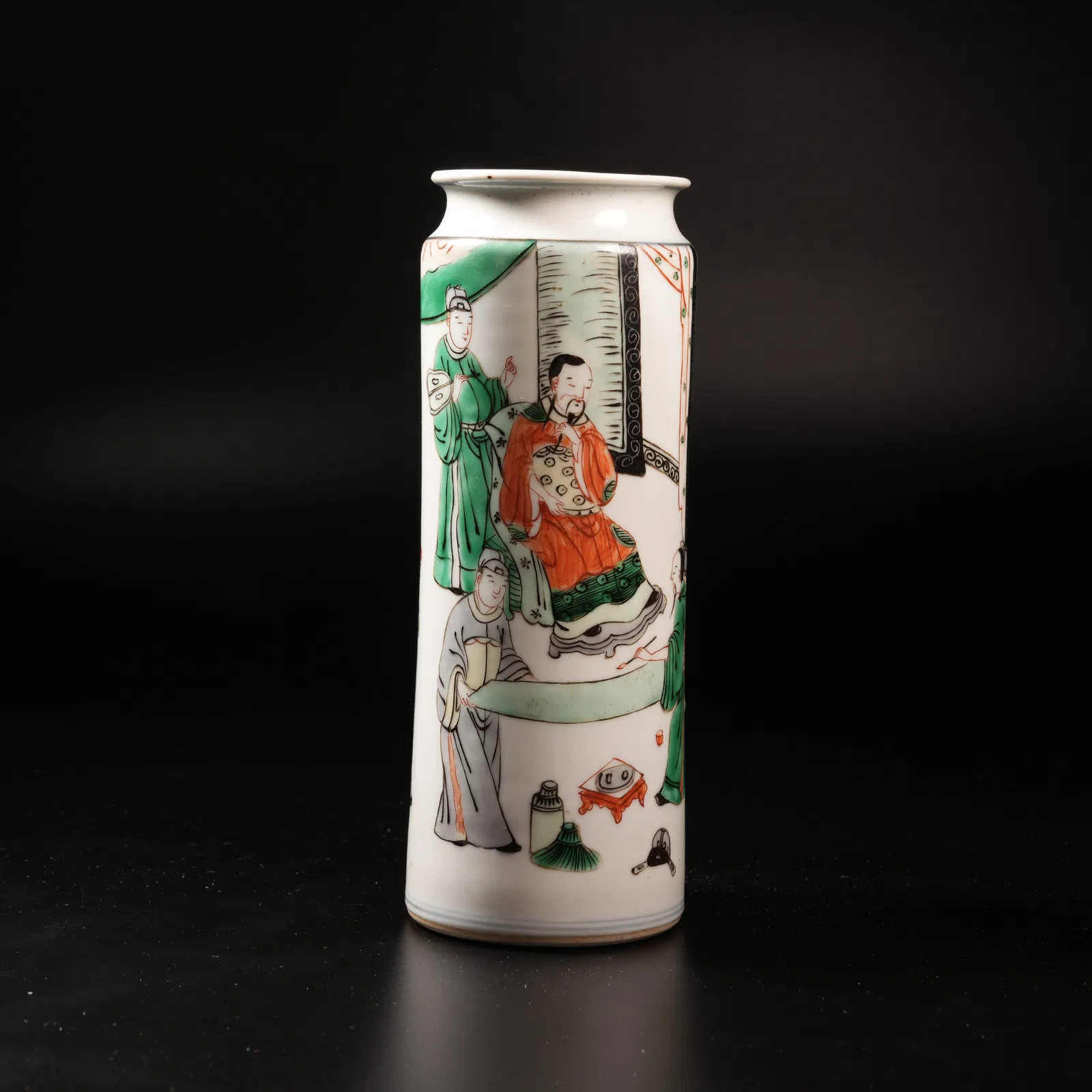 A WUCAI TUBE-SHAPED VASE WITH FIGURE NARRATIVE