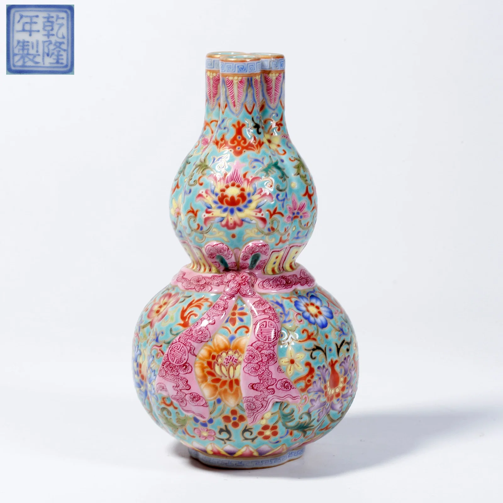 A YANGCAI GOURD-SHAPED THREE-TUBE VASE