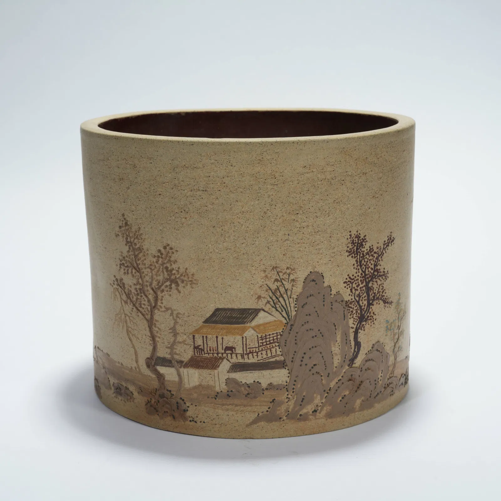 A ZISHA LANDSCAPE-PATTERN BRUSH POT