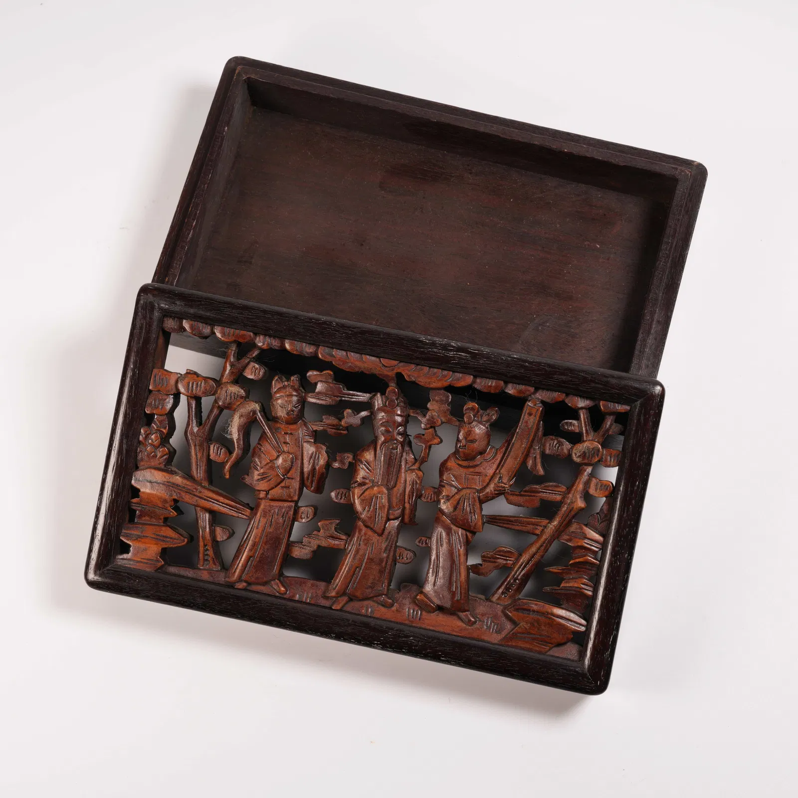 A ZITAN INLAID HUANGHUALI CARVED FU LU SHOU COVERED BOX