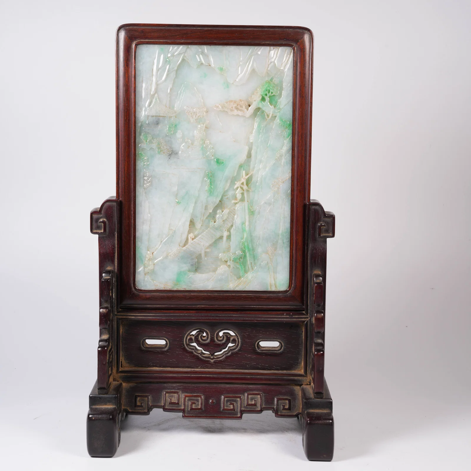 A ZITAN SCREEN INLAID WITH JADE LANDSCAPE MOTIF