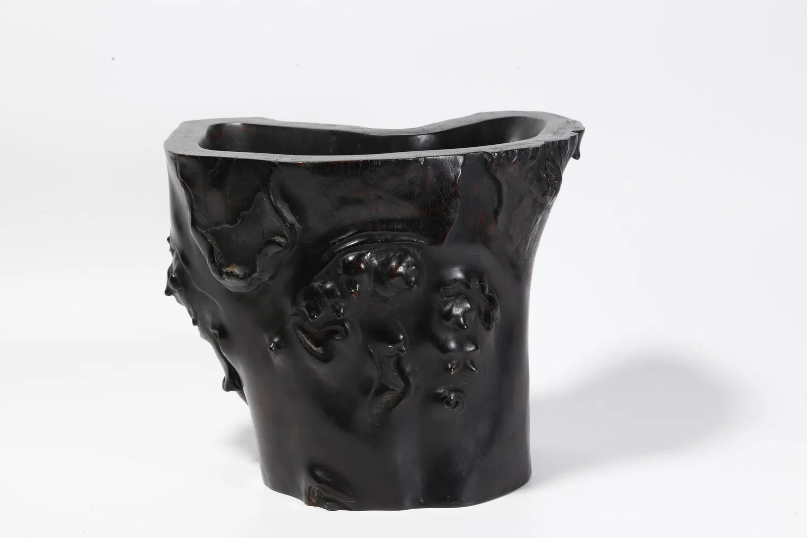 A ZITAN WOOD CARVED BURLWOOD BRUSH POT