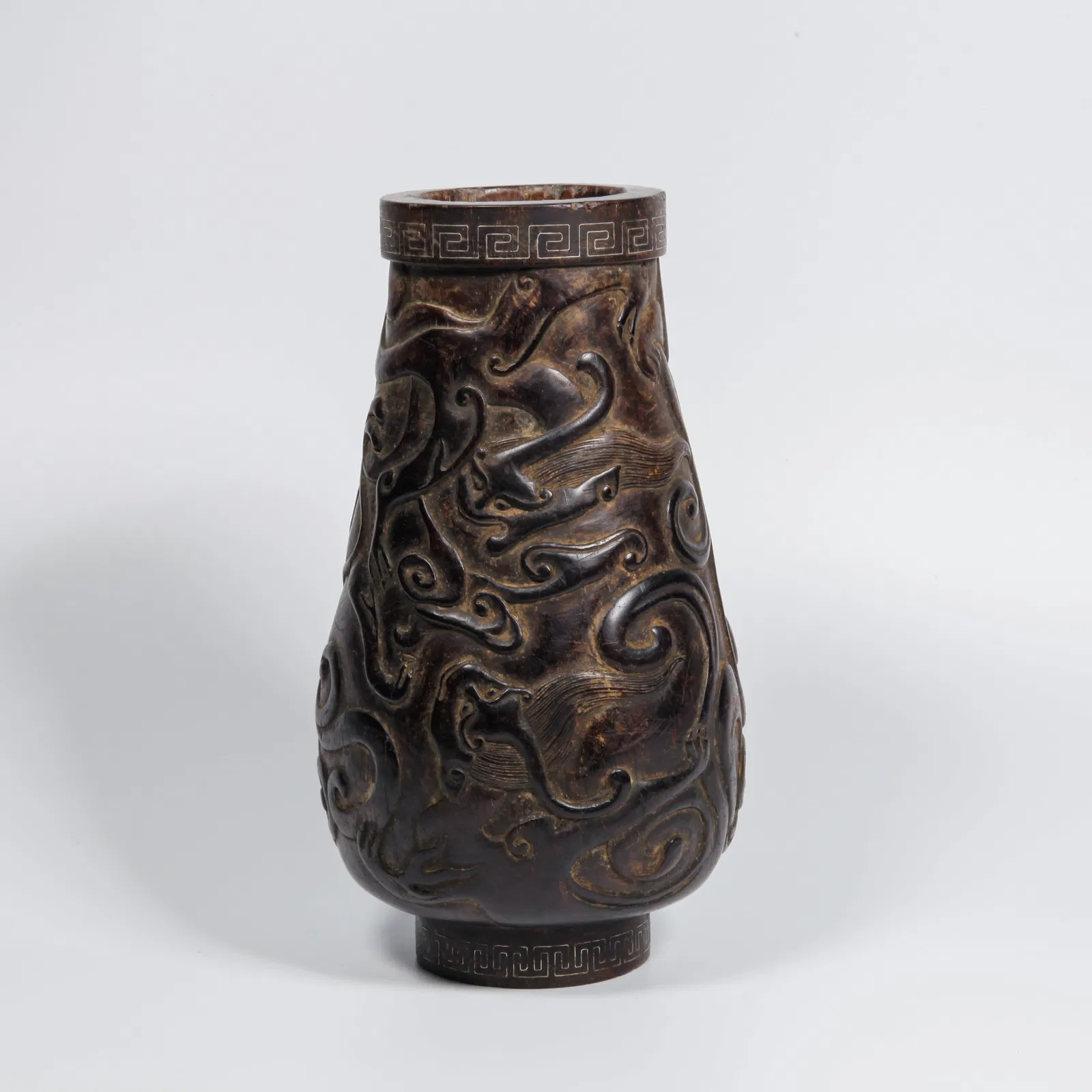 A ZITAN WOOD CARVED DRAGON PATTERN APPRECIATION VASE