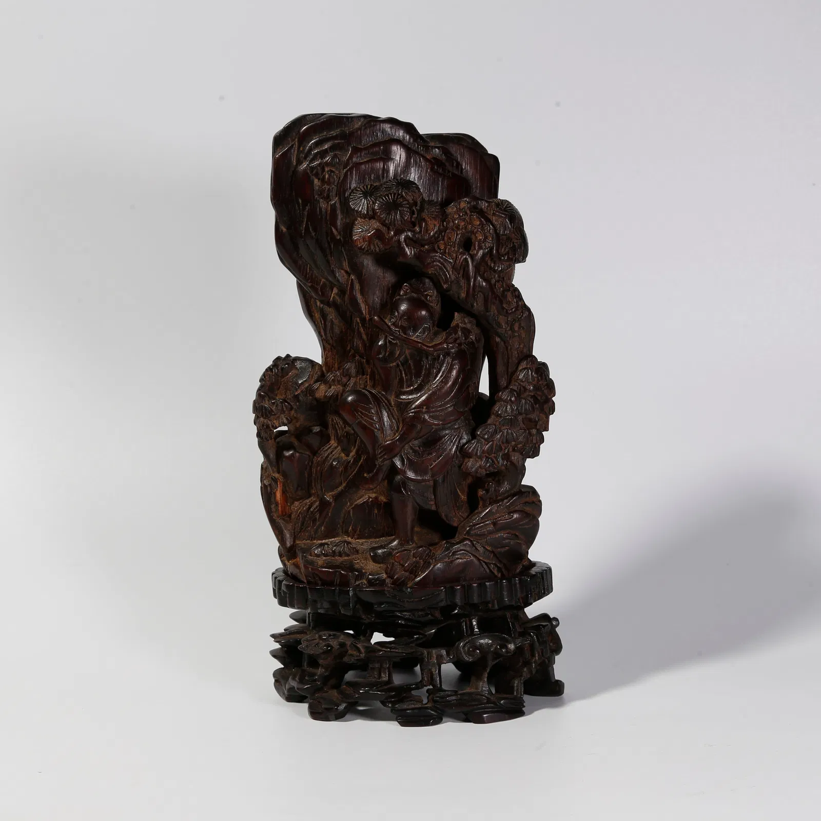 A ZITAN WOOD CARVED FIGURE MINIATURE LANDSCAPE ORNAMENT