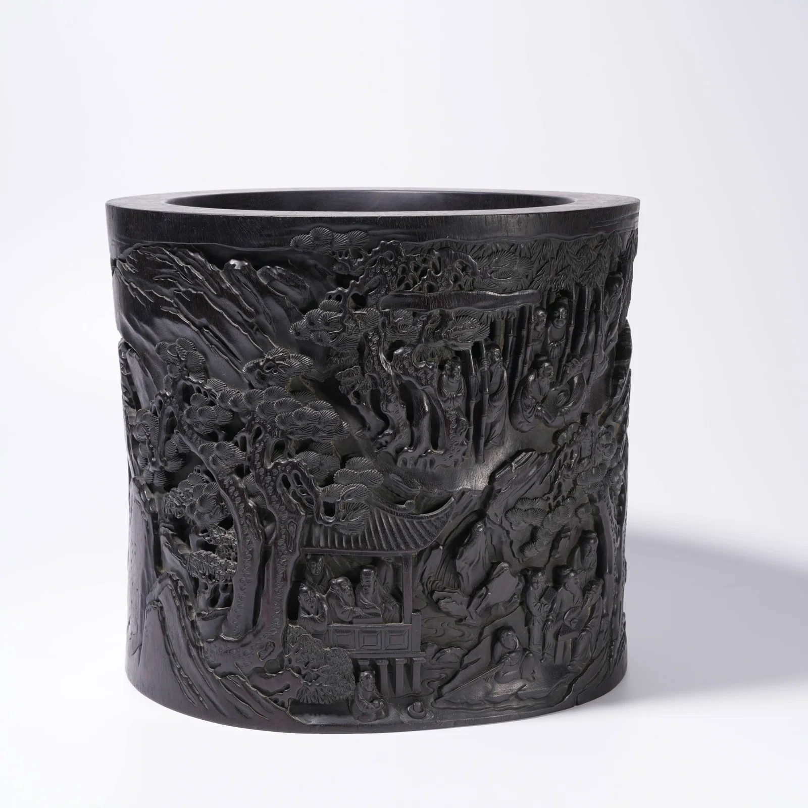 A ZITAN WOOD CARVING SCHOLAR ELEGANT GATHERING-PATTERN BRUSH HOLDER