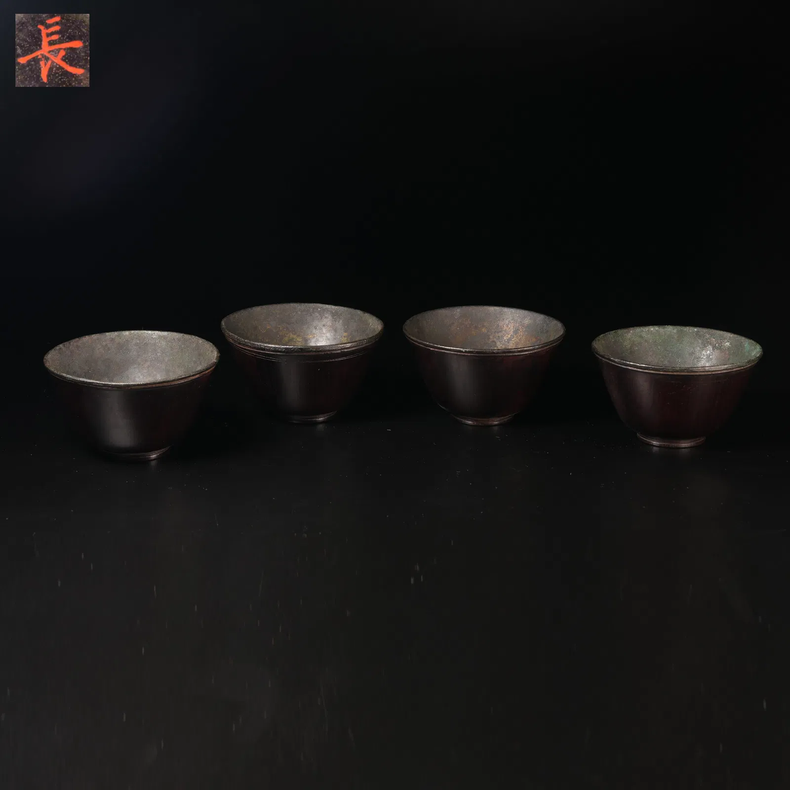 A ZITAN WOOD CUPS INLAID WITH SILVER (SET)