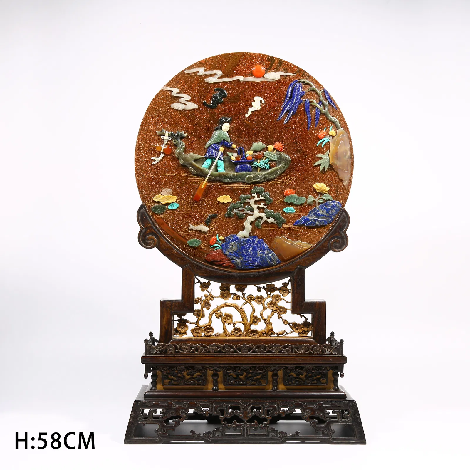 A ZITAN WOOD SCREEN INLAID WITH HARDSTONES DEPICTING IMMORTALS CROSSING THE SEA