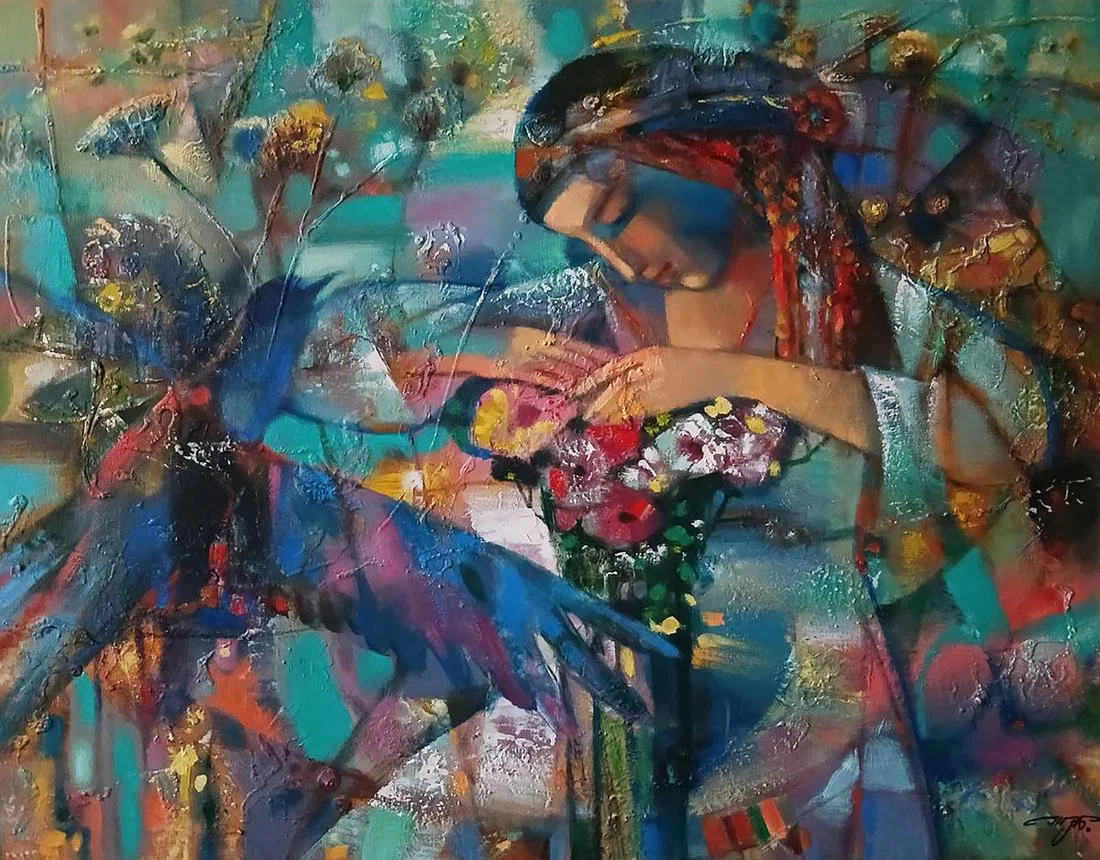 Abstract oil painting Girl and a bouquet of flowers Anatoly Tarabanov