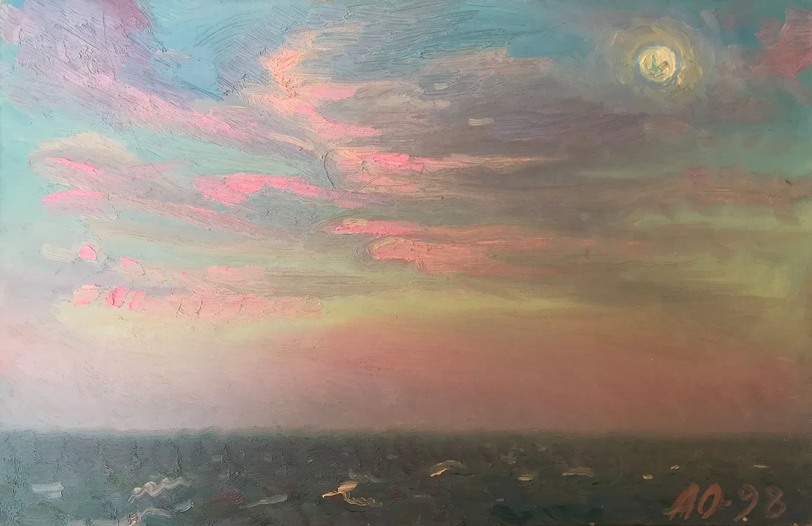 Abstract Oil painting Pink evening at sea Onyshchenko