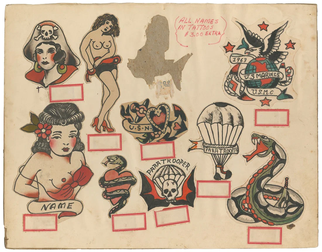Ace Harlyn Attributed Tattoo Flash Sheet. NYC, 1940s-1960s
