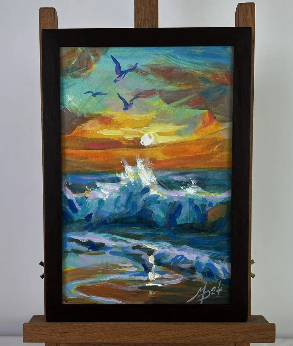 Acrylic painting Seagulls over the sea and sunset Mykhailo Patskan