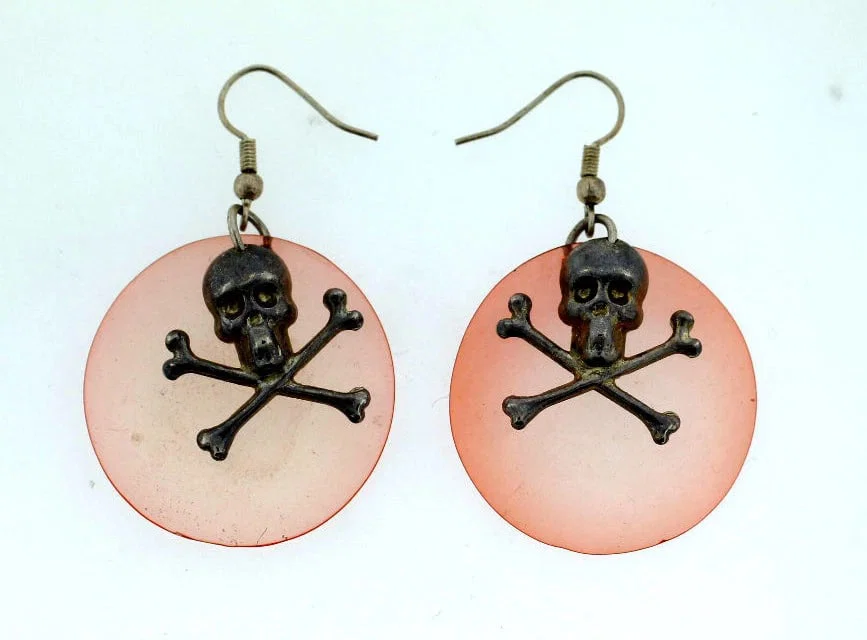 ACRYLIC SKULL STERLING SILVER HANGING EARRINGS PINK CIRCLE FANCY UNIQUE
