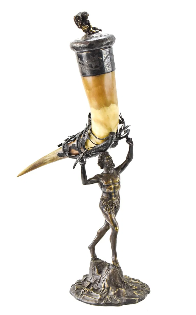 ADOLF BRAESE "THE STATUE OF THE DANCING FAUN" PRESENTATION DRINKING HORN, LATE 19TH CENTURY