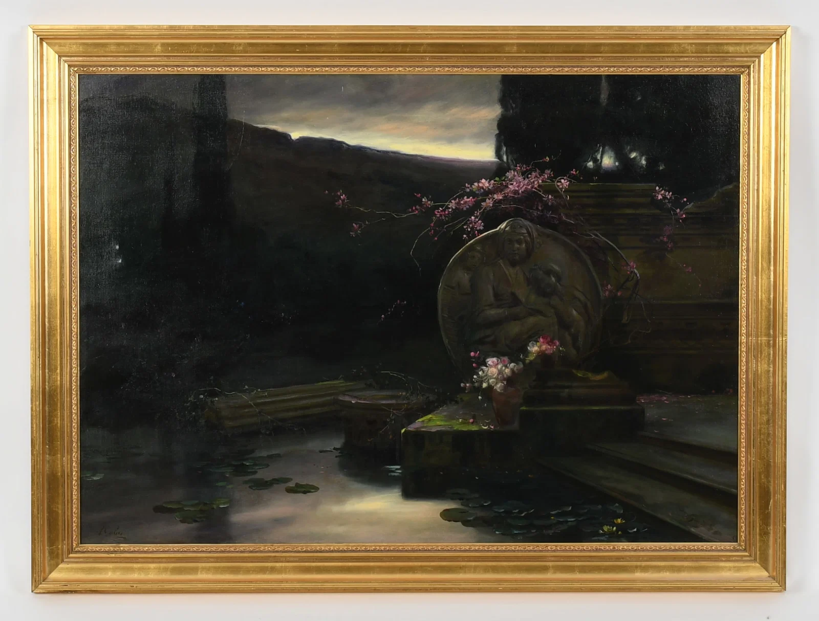 Adriano Goby (Italian, 19th Century), Garden Pond at Dusk
