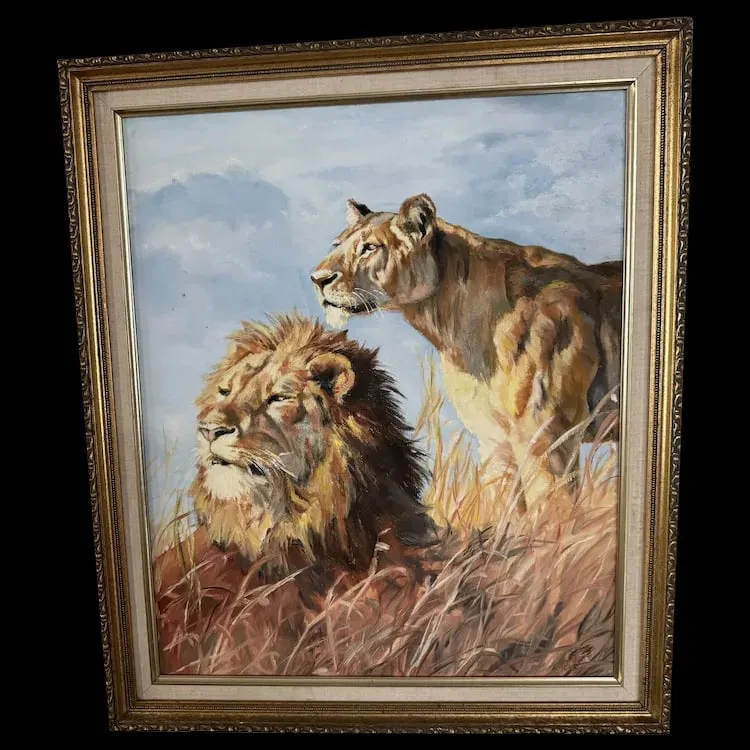 African Wildlife Safari Original Framed Oil Painting on Canvas