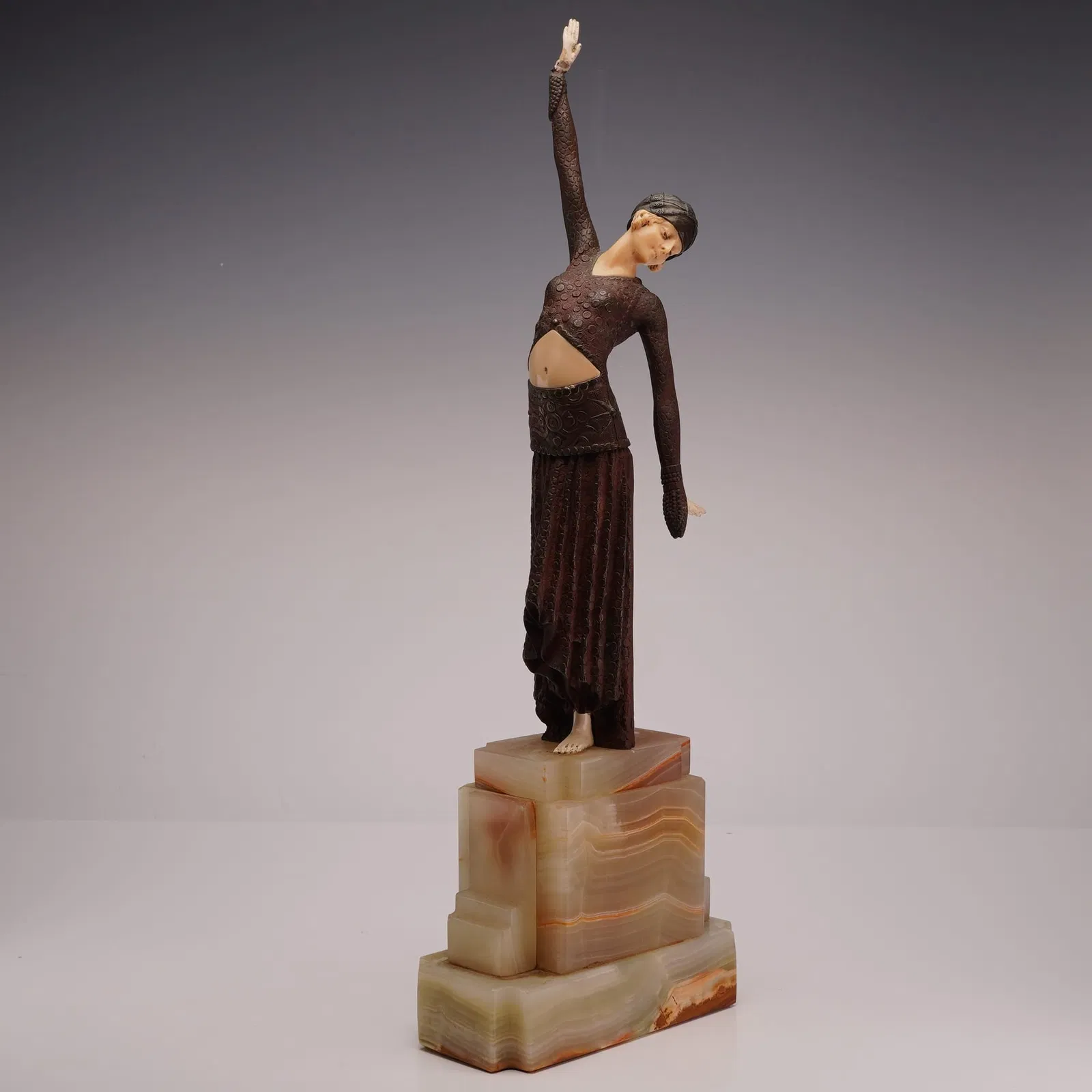 After Demetre Chiparus Art Deco Style Patinated Bronze Sculpture on Onyx Base