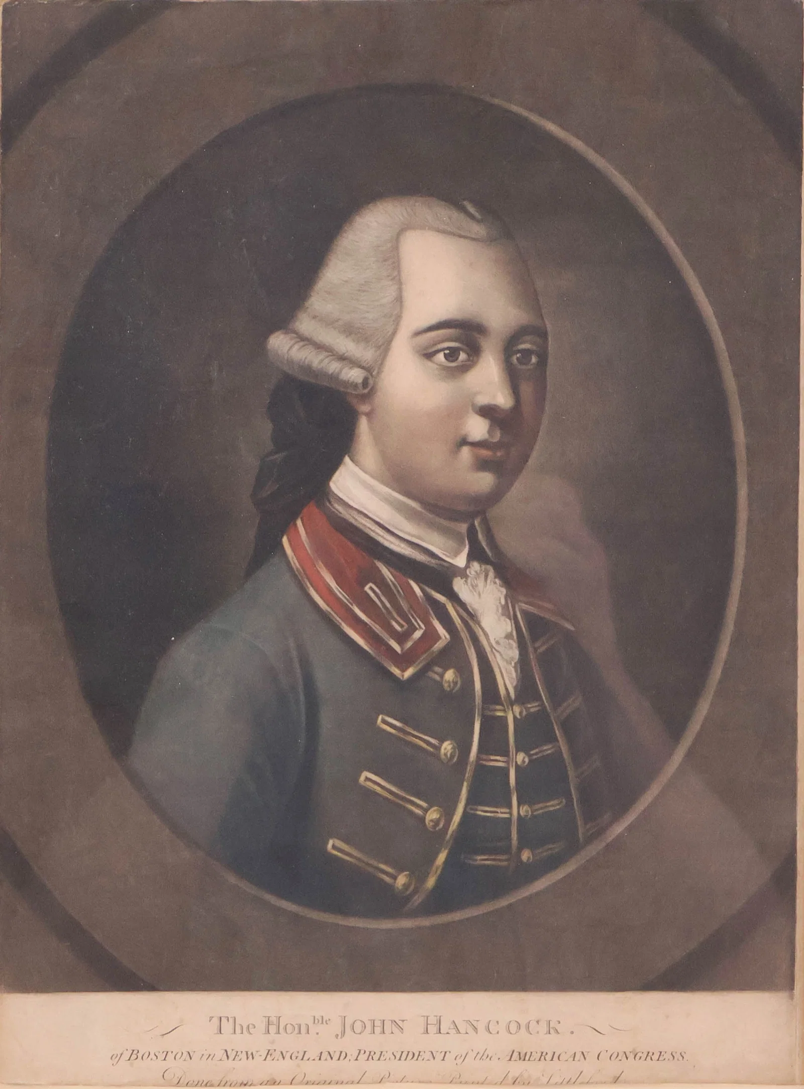 After Johann Martin Will, 1727-1806, The Honorable John Hancock, Polychrome Mezzotint
