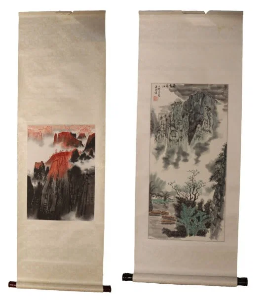 After Qian Songyan (1899-1985) Chinese, (2) Silk Scrolls with Print Inserts
