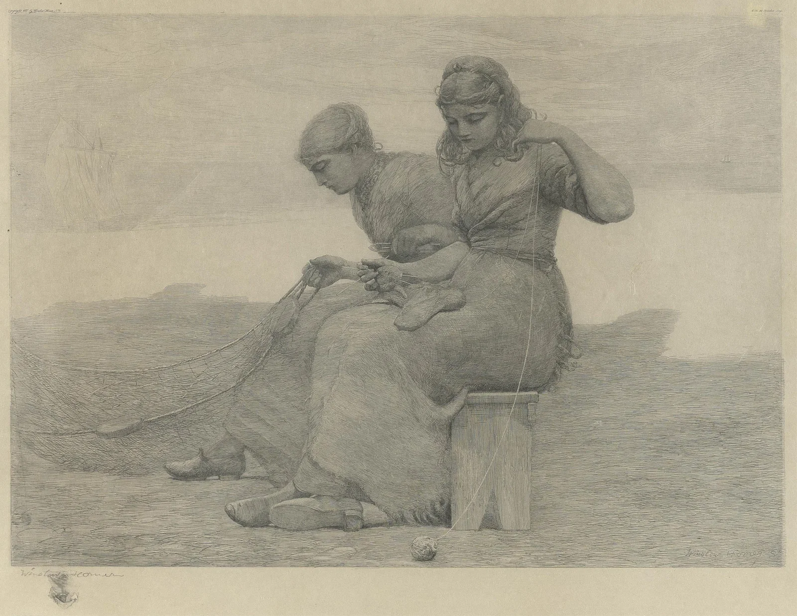 AFTER WINSLOW HOMER (Massachusetts/Maine/England, 1836-1910), "Mending the Tears", 1888., Etching on