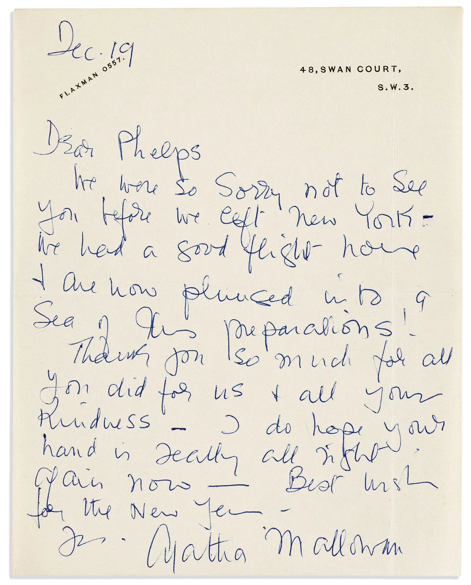 Agatha Christie. Two Autograph Letters Signed, "Agatha Mallowan," to publisher Sherman Phelps Platt,