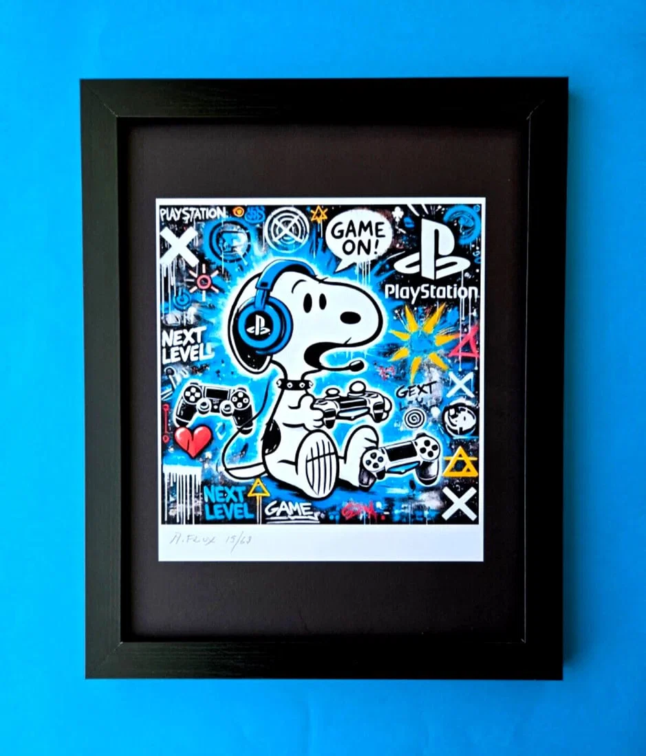 AIDAN FLUX | Hand Signed Print Framed LtdEd of 69 COA SNOOPY PLAYSTATION GAMER