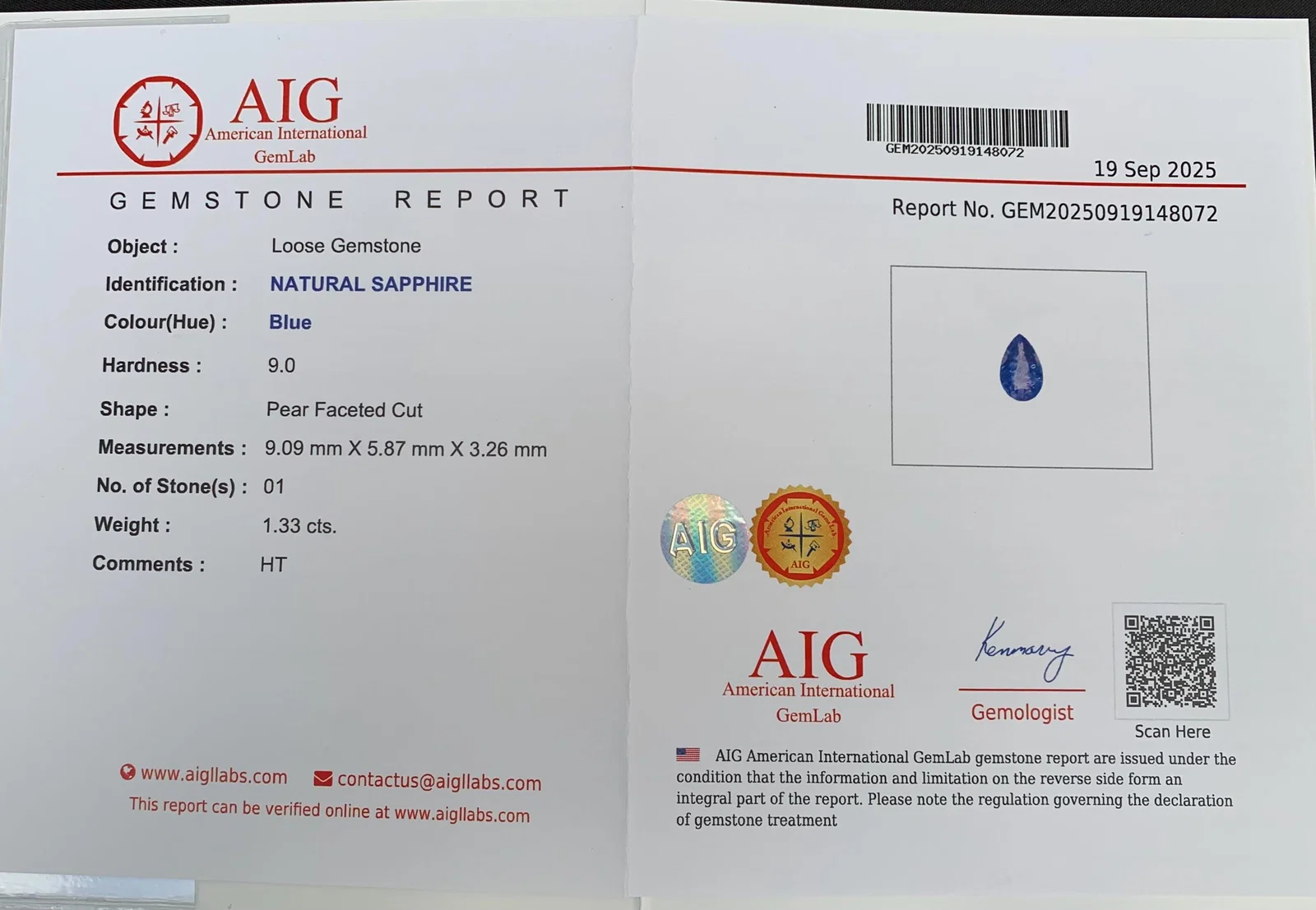 AIG Certified Faceted Blue Sapphire: 1.33 Carat Pear Cut Gemstone