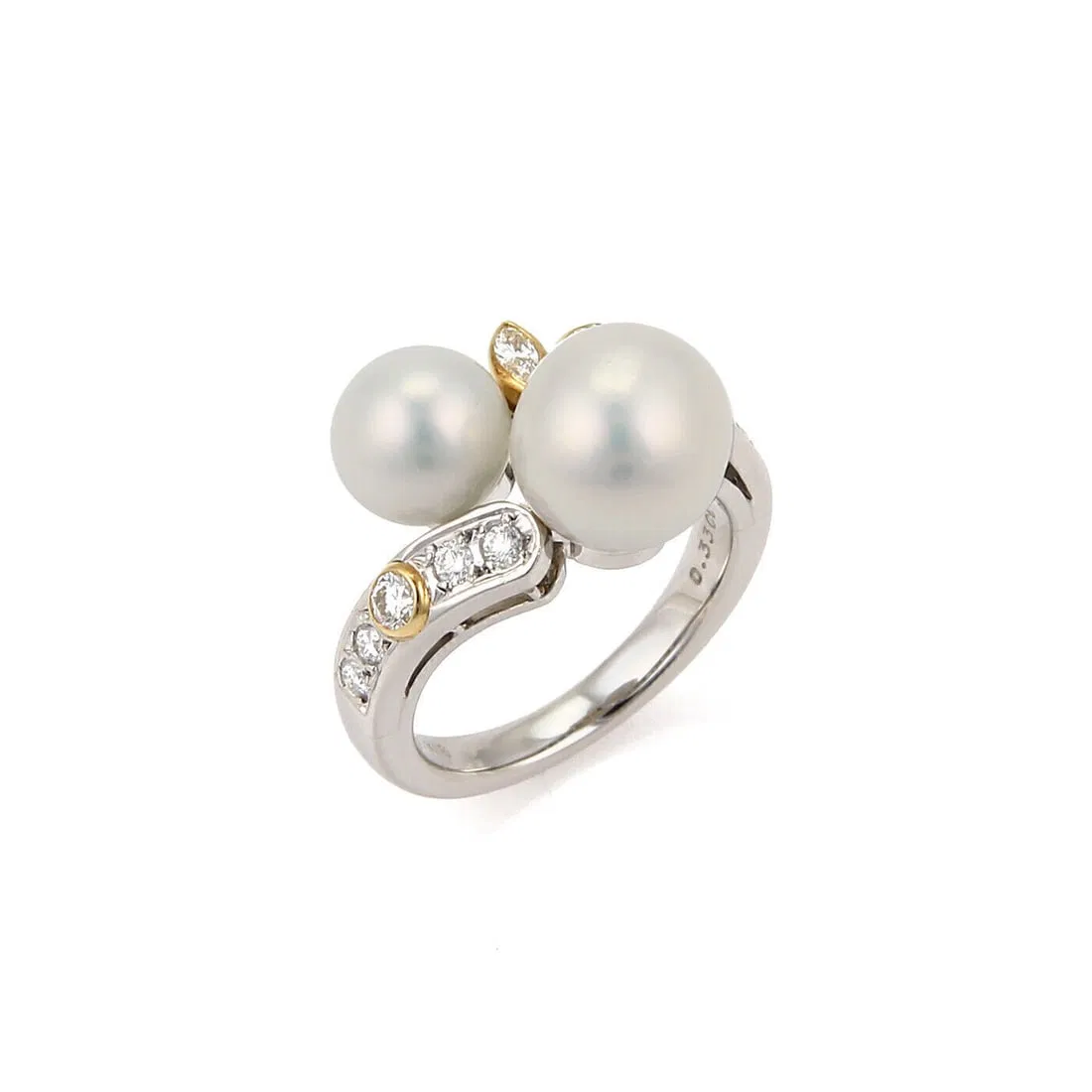 Akoya Pearl and Diamond Platinum 18k Gold Bypass Ring by Mikimoto Size 5