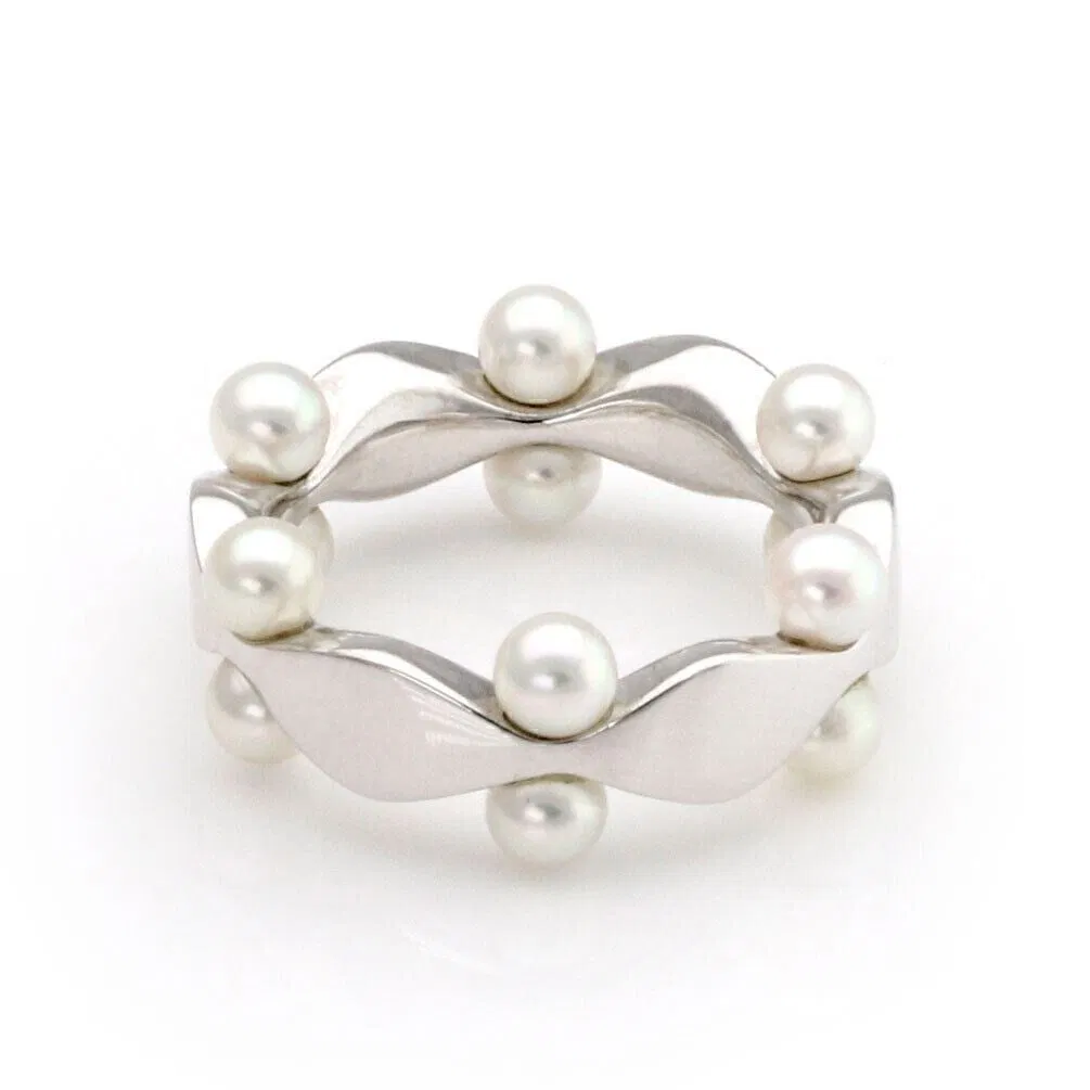 Akoya Pearl Band Ring in 18k White Gold by Mikimoto Size 4