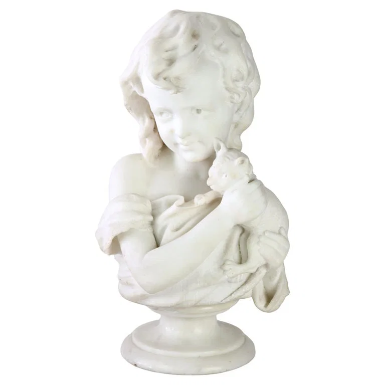 Alabaster Sculpture Of A Girl Holding A Cat By A. Conway c1890