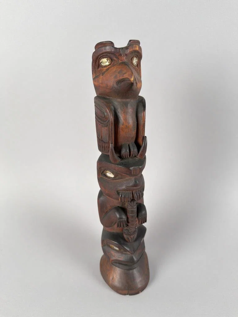 ALASKAN NATIVE CARVED AND POLYCHROMED WOODEN TOTEM 20th Century Height 14.5". Width 3.5".