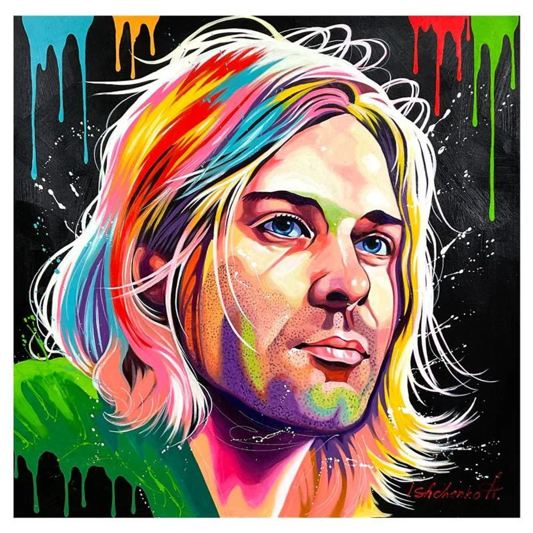 Alexander Ishchenko, "Kurt Cobain" Original Acrylic Painting on Canvas, Hand Signed with Letter