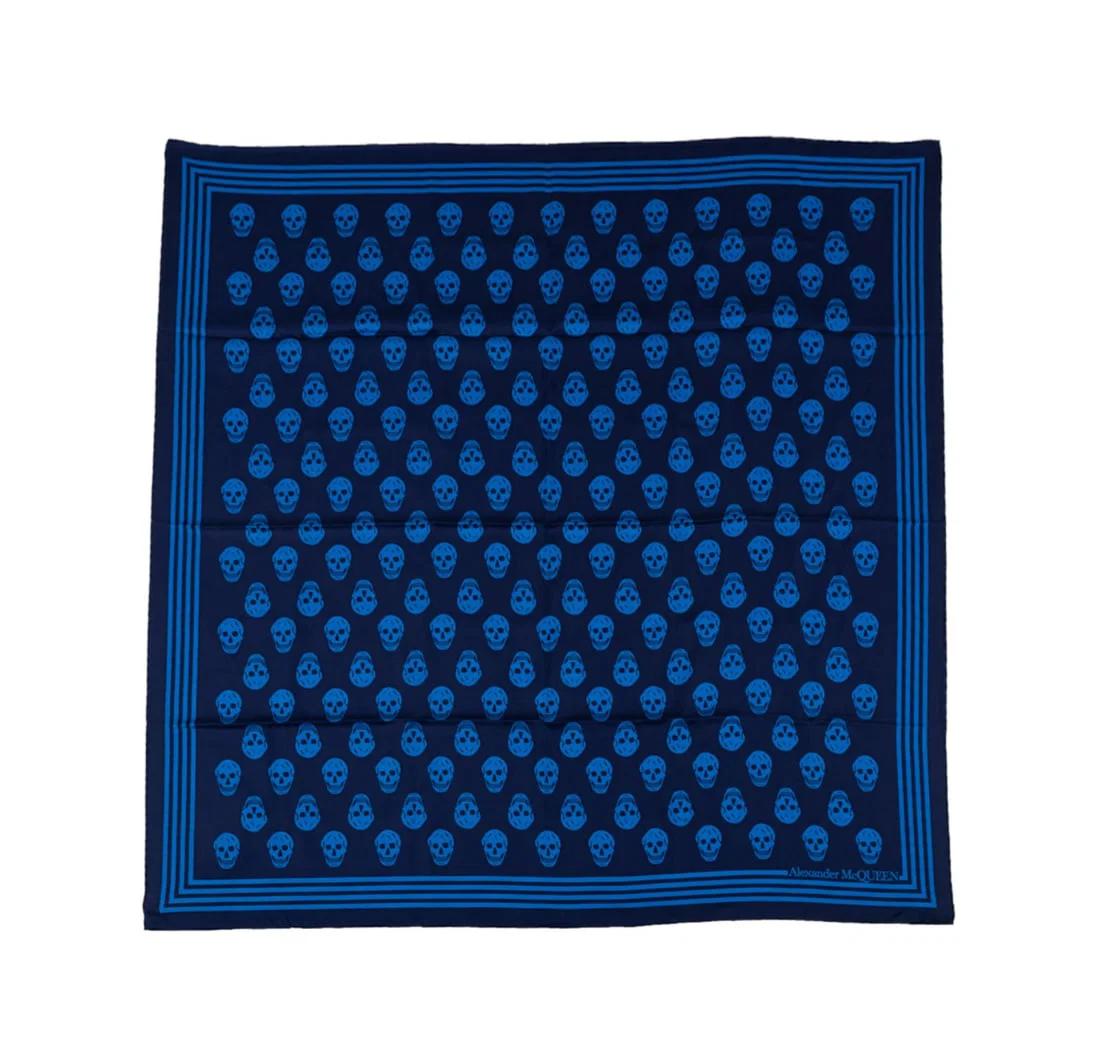 ALEXANDER MCQUEEN SKULL PRINT TWO TONE BLUE SCARF