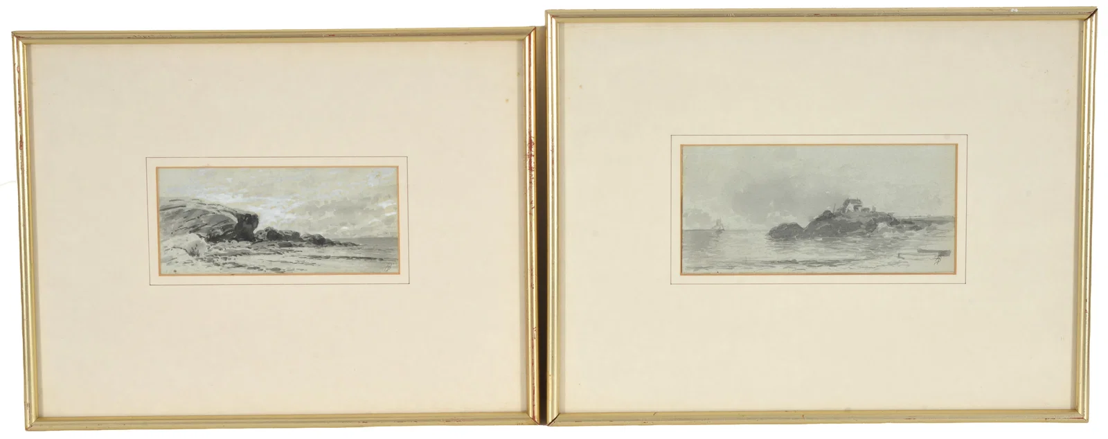 Alfred Thompson Bricher. 2 watercolor sketches. 1) "Rock Bound - Grand Manan, Maine". 2) A similar
