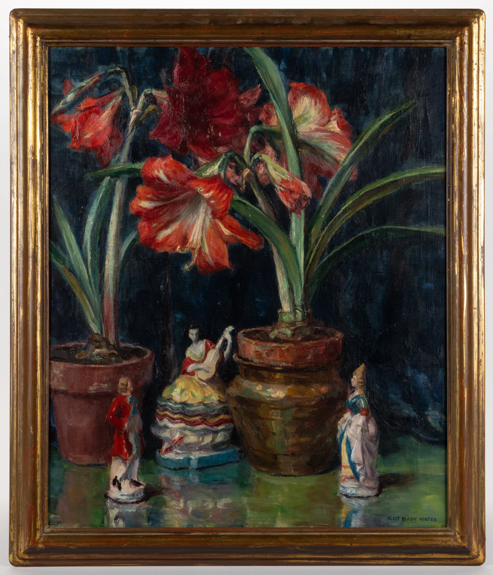 ALICE BEACH WINTER (AMERICAN, 1877-1968) STILL-LIFE WITH AMARYLLIS AND PORCELAIN FIGURES