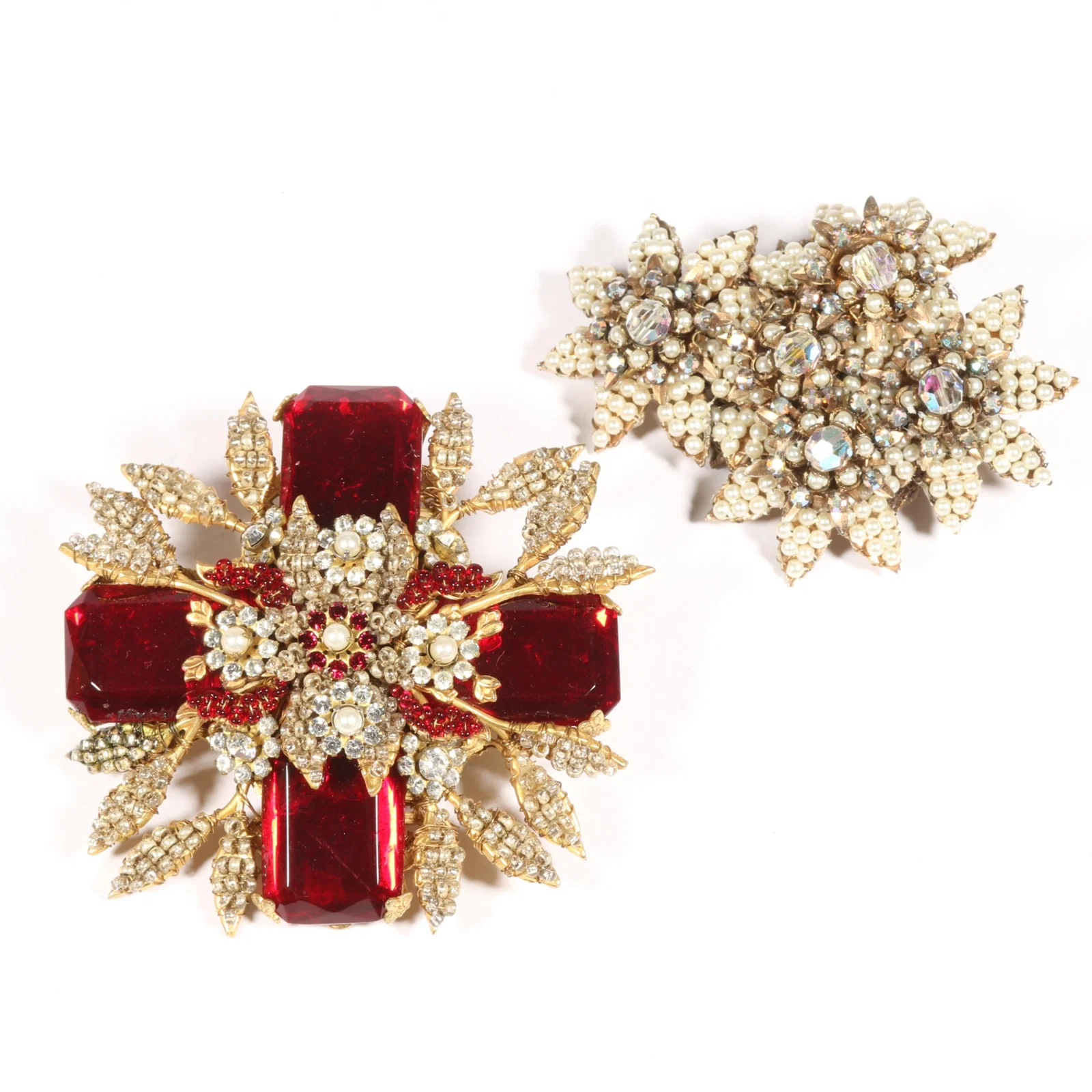 Alice Caviness and Mark Mercy (M&M Designs) pair of large ornately beaded brooches with rhinestone