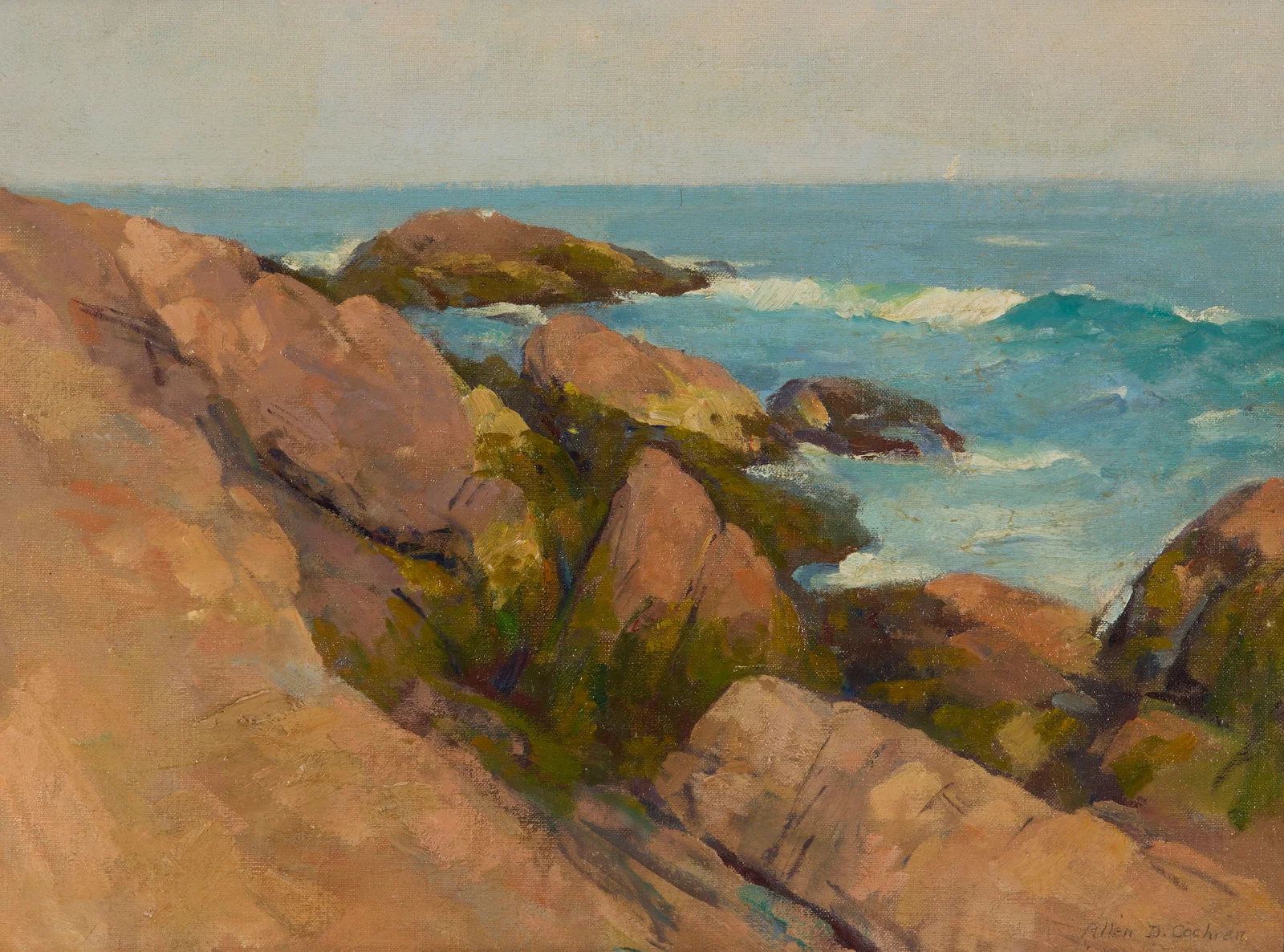 ALLEN DEAN COCHRAN, (American, 1888-1971), Lone Sailboat off the Coast of Maine, oil on canvasboard,