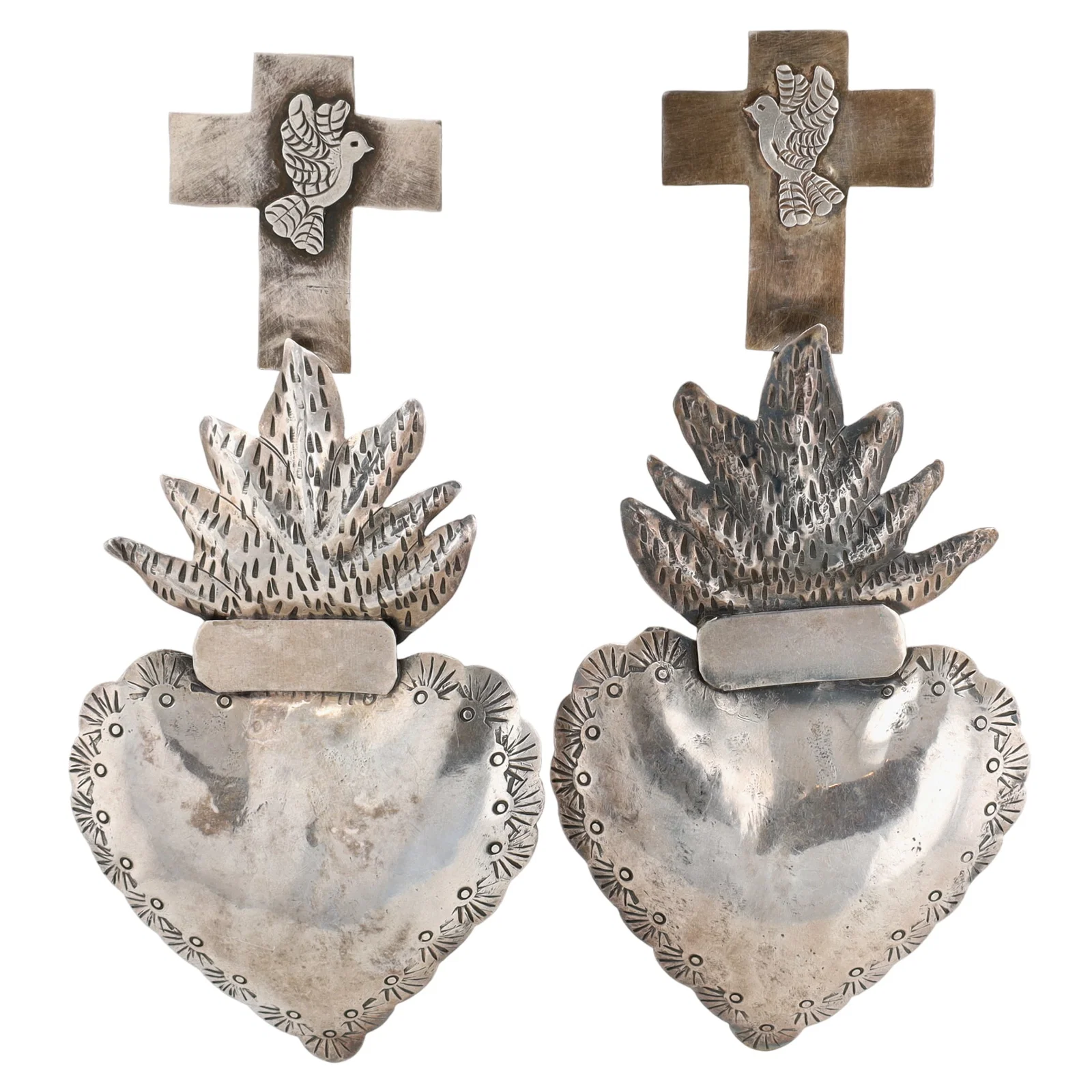 Amazing Federico Jimenez Huge Flaming Sacred Heart and Cross Earrings