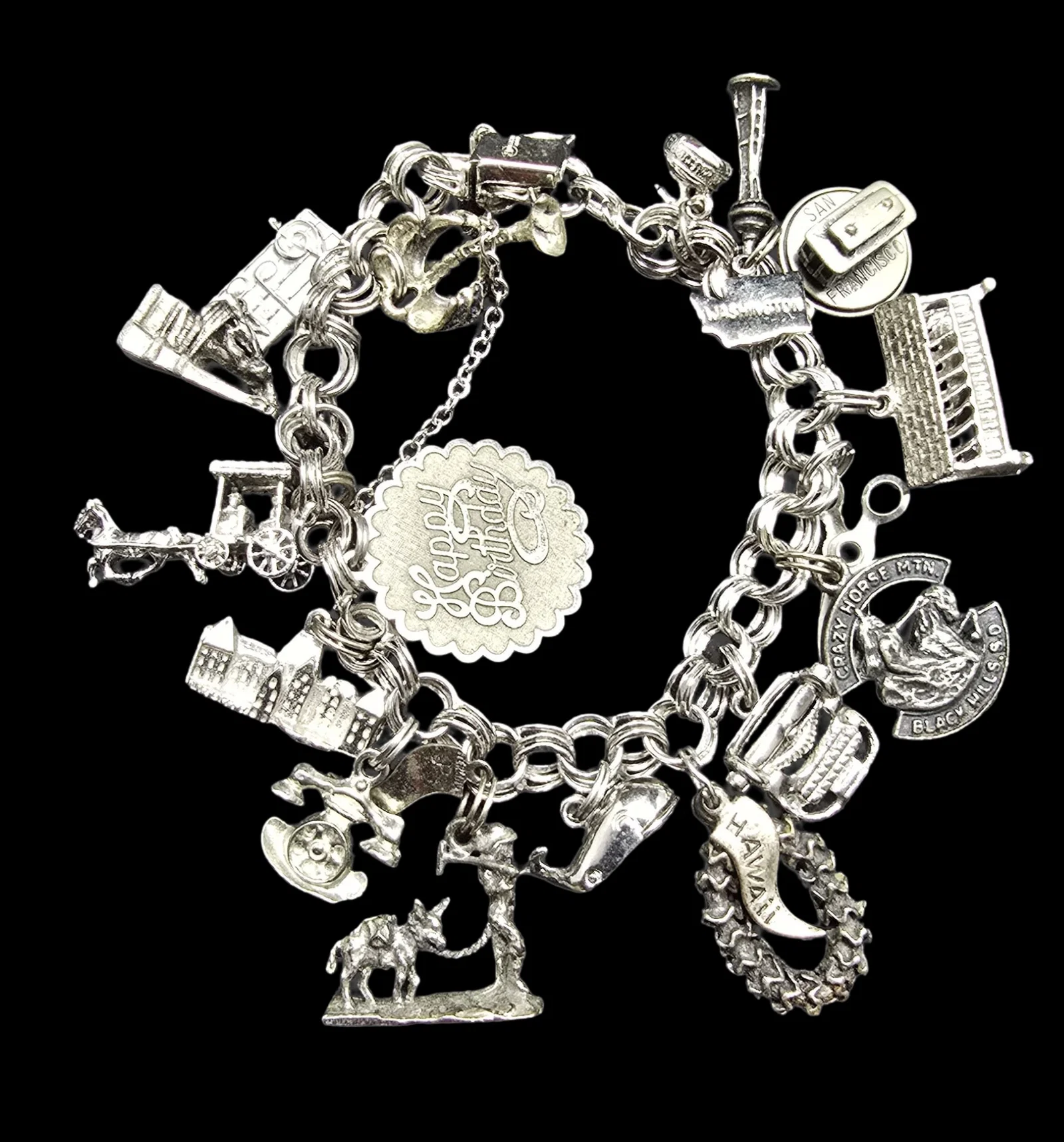 Amazing Ornate Vintage Sterling Silver Travel Charm Bracelet