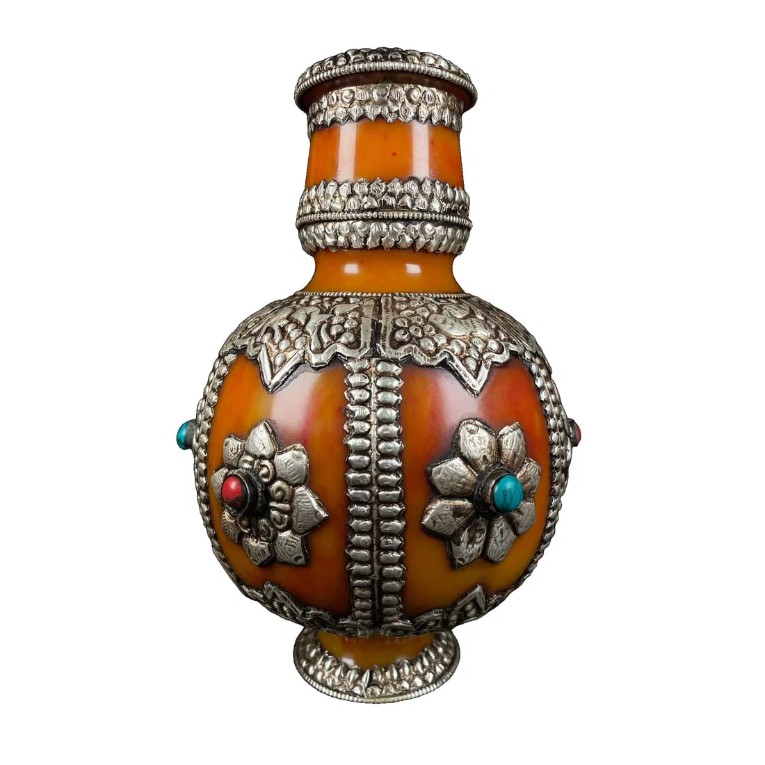 Amber and honey wax hand-inlaid turquoise wrapped silver auspicious eight treasure bottle.