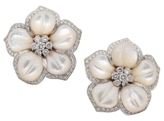 AMBROSI Milano Flowers Clips Earrings In 18Kt White Gold With Nacre & Diamonds